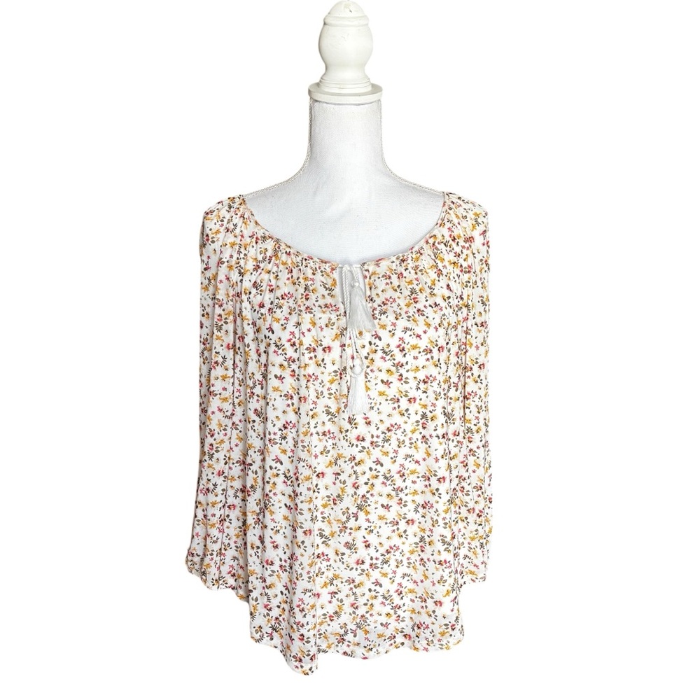 BCX NWT Boho Floral Peasant Tassel Tie Cottagecore Sheer Sleeve Lined Top - M